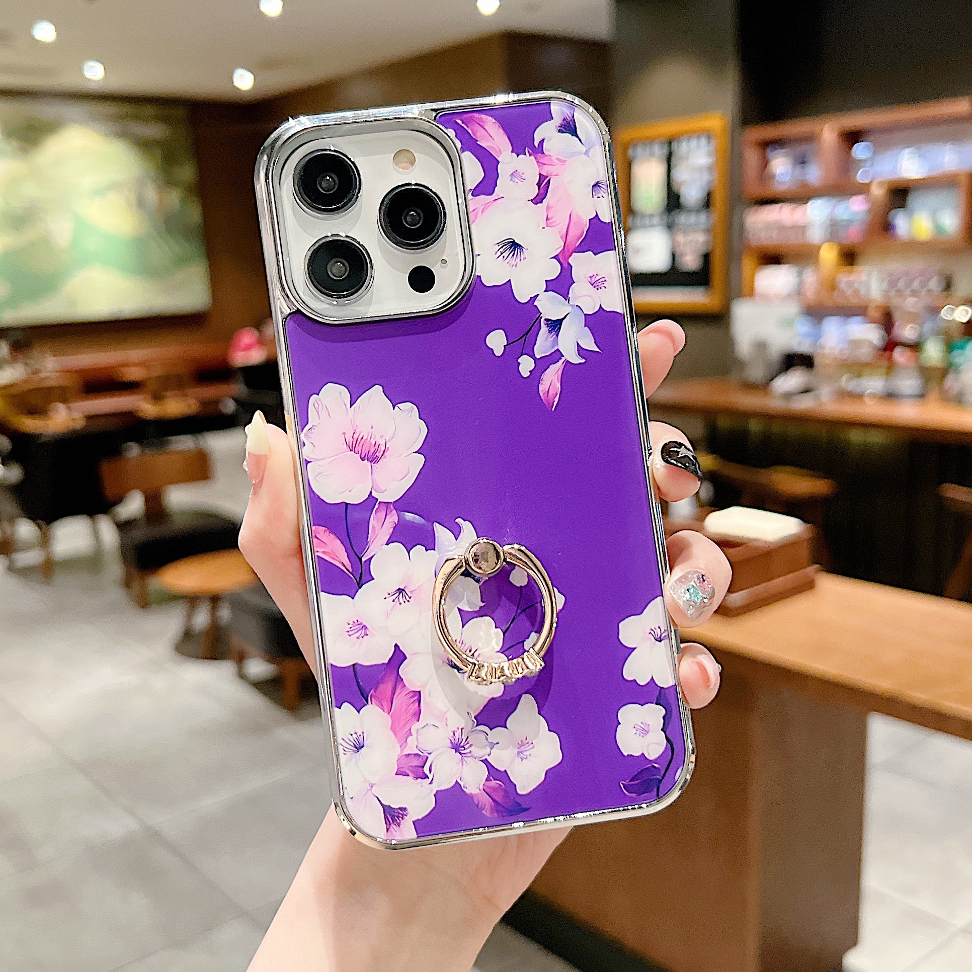 Uniqkart for iPhone 14 Pro Ring Kickstand Anti-fall Phone Case IMD Flower Pattern Electroplating PC+TPU Cover - Style F Uniqkart for iPhone 14 Pro Ring Kickstand Anti-fall Phone Case IMD Flower Pattern Electroplating PC+TPU Cover - Style F